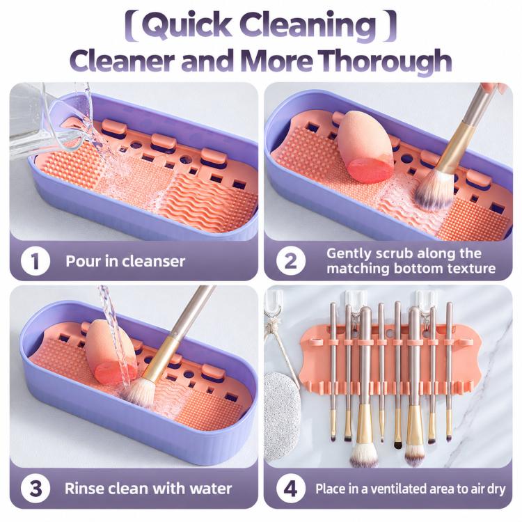 Purple makeup brush cleaner steps: pour cleaner, scrub, rinse, then air-dry