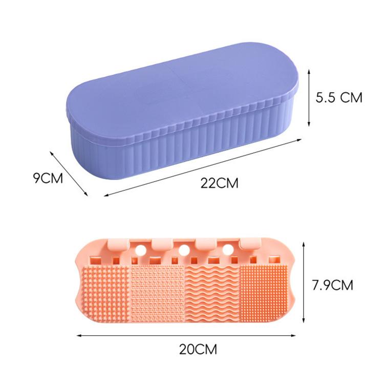 Purple makeup brush cleaner box with drying rack, ridged brush-wash surface inside