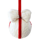 White knitted bow ornament with hanging red cord and vertical red stripe