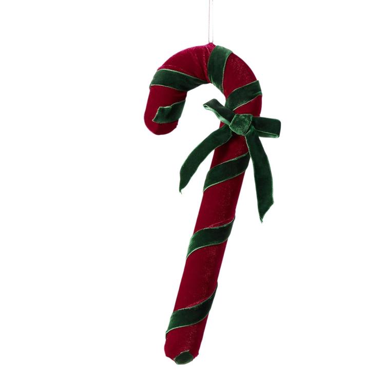 Velvet candy cane ornament with red velvet body and dark green striped accents, hanging loop