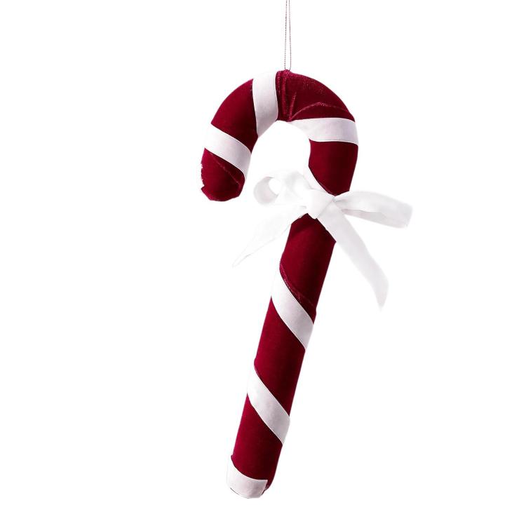 Velvet candy cane ornament, red-and-white stripes with white ribbon bow