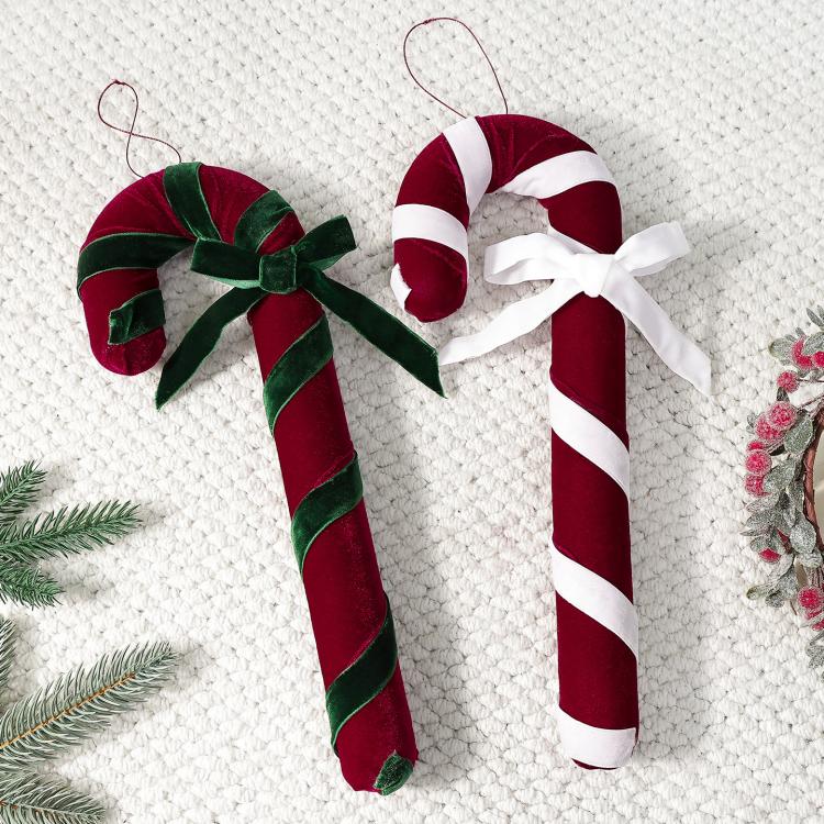 Set of two velvet candy cane ornaments: red-green striped and red-white striped with bows