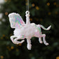White iridescent rocking horse ornament with glitter details and hanging loop