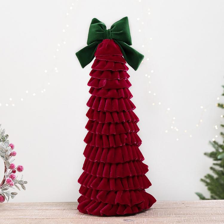 Dark red tiered fabric Christmas tree ornament with green bow