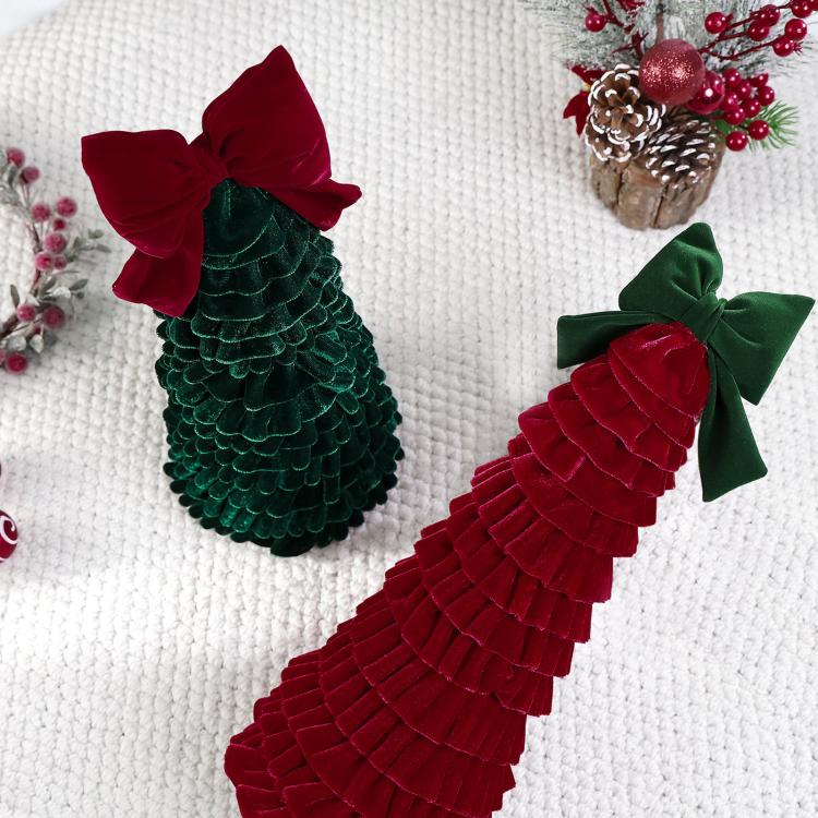 Dark green and dark red tiered fabric Christmas tree ornaments with bows