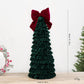 Dark green tiered fabric Christmas tree ornament with red bow and size label