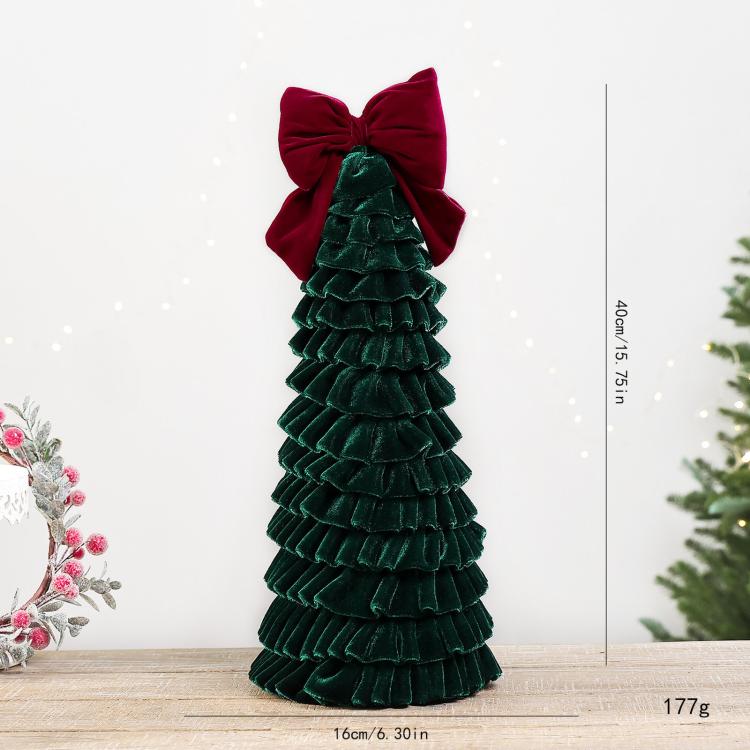 Dark green tiered fabric Christmas tree ornament with red bow and size label