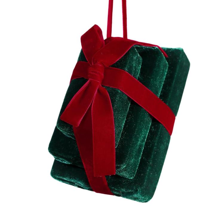 Velvet gift box hanging ornament in wine red with dark green ribbon and accents.