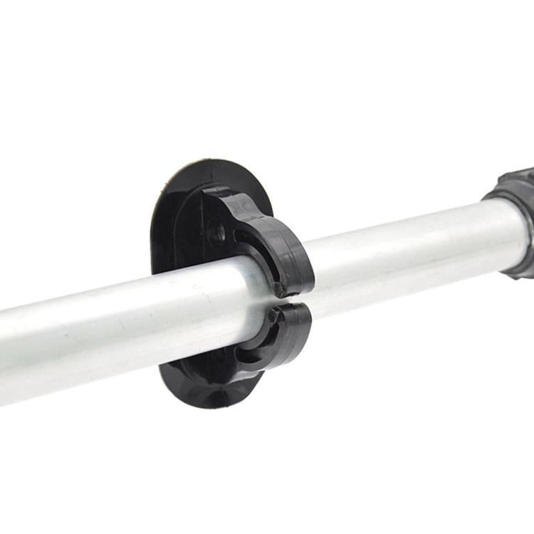 Inflatable boat oar lock holding a silver shaft with a black clamp