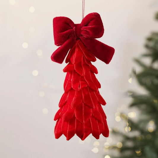 Red felt Christmas tree ornament with bow and layered tier design, hanging loop