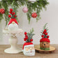 Three Christmas gnome ornaments on display: Santa, snowman, and bear with red berries