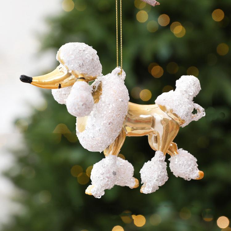 White sequined poodle hanging Christmas ornament with loop for hanging