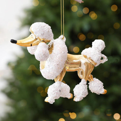 White sequined poodle hanging Christmas ornament with loop for hanging