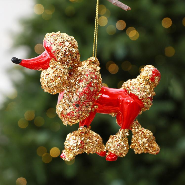 Red and gold sequined poodle hanging Christmas ornament with loop for hanging