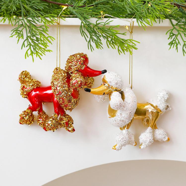 Gold and white sequined poodle hanging Christmas ornaments with loop hangers