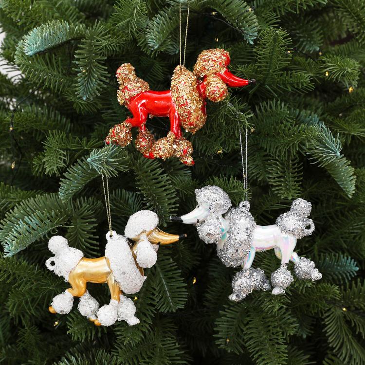 Red and gold, and white and silver sequined poodle hanging ornaments
