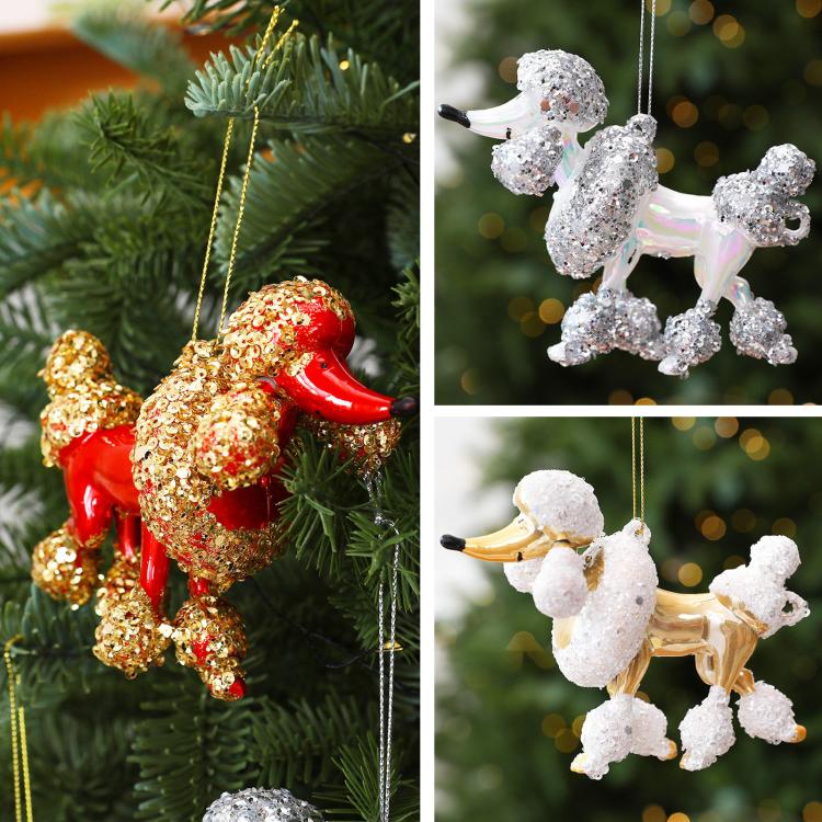 Red and gold, and white and silver sequined poodle hanging ornaments