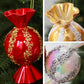 Close-up candy-shaped Christmas ornaments in red and gold with jeweled glitter trim