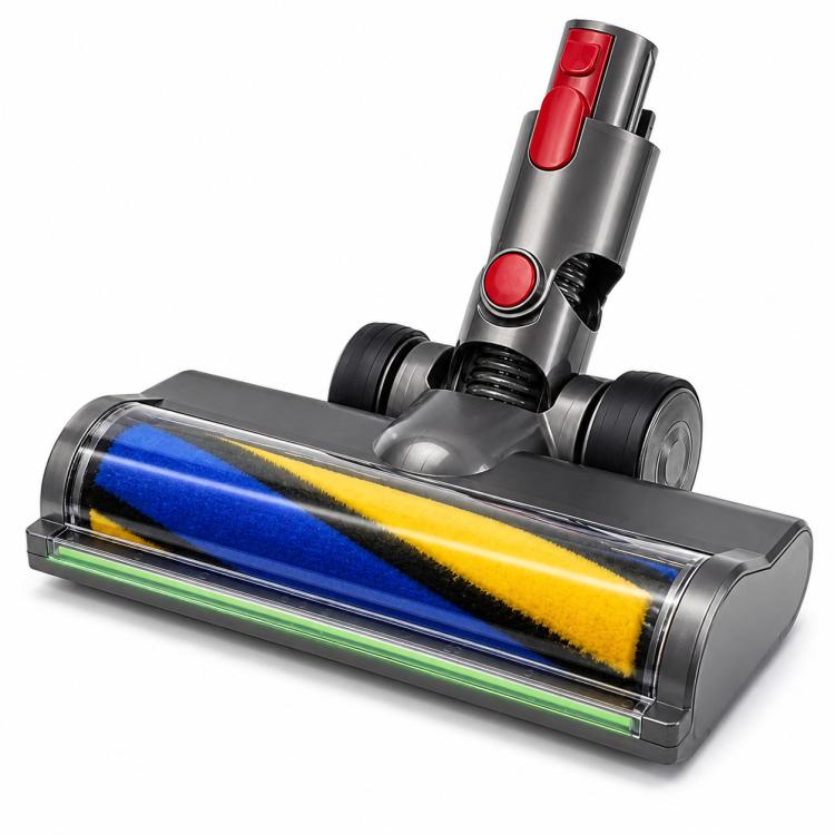 Motorized vacuum roller head with blue and yellow brush roll, green LED strip