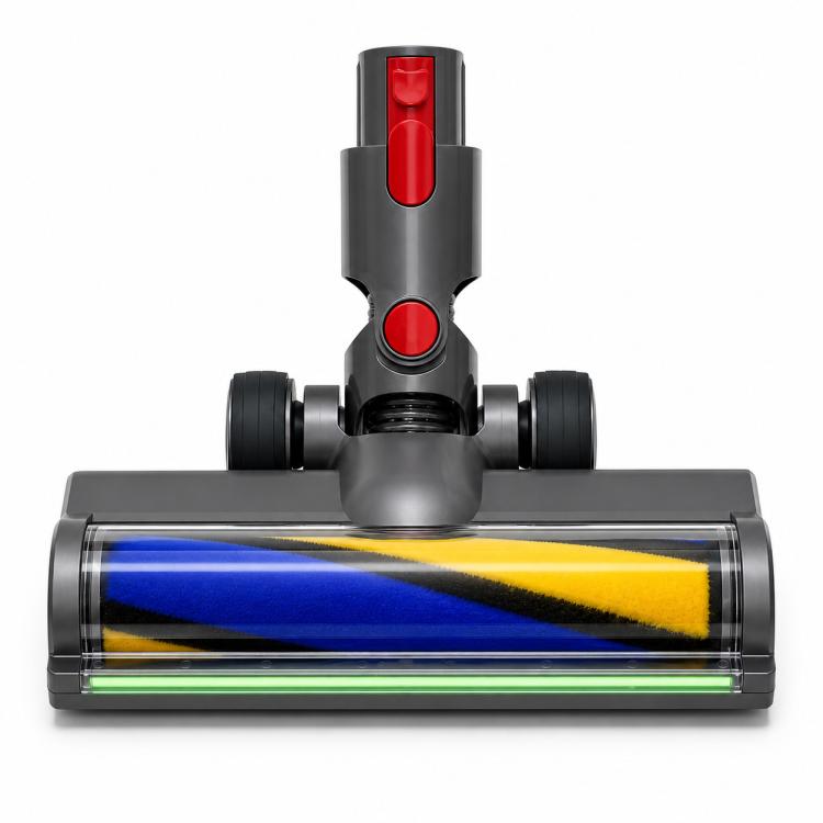 Motorized vacuum roller head front view, blue and yellow brush roll, green LED light