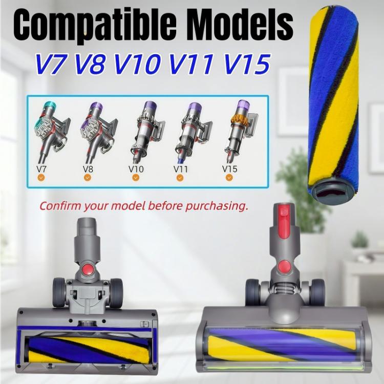 Motorized roller head with blue and yellow brush roll and red control buttons