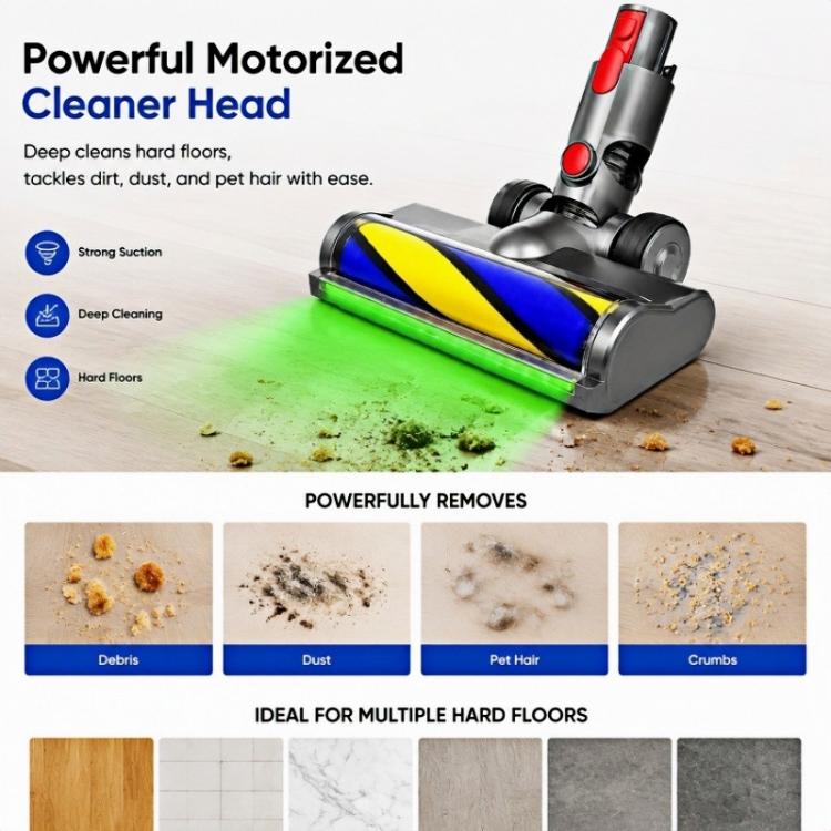 Motorized vacuum cleaner head with soft roller, green LED glow on hard floor