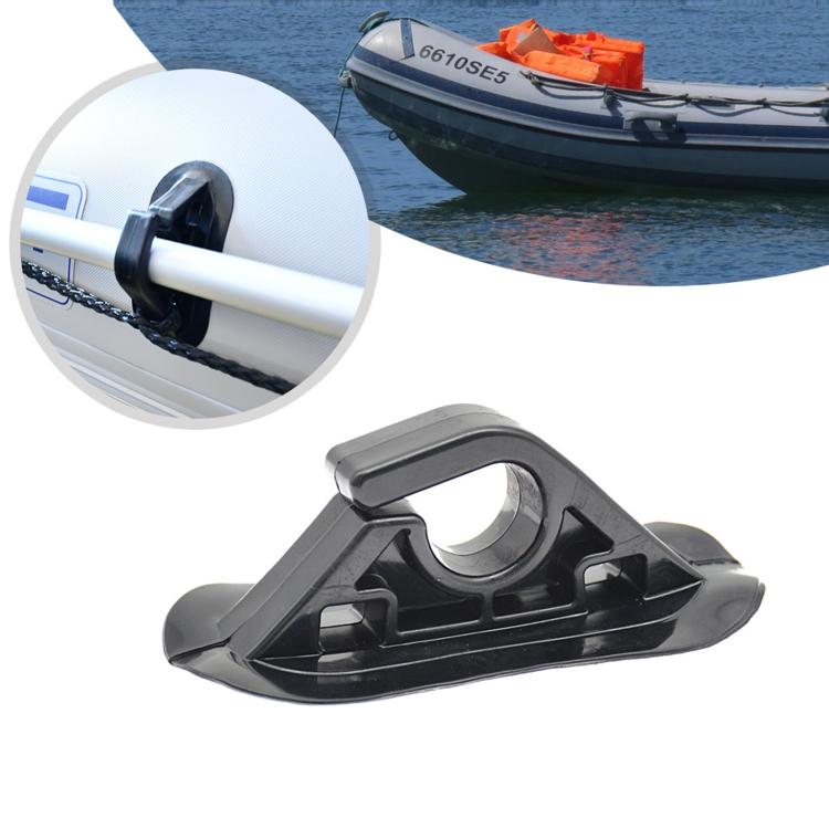 Black paddle holder clip with tether rope loop for inflatable kayaks and boats.