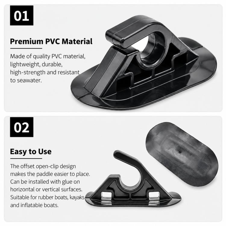 Black paddle holder clip, offset open-clip design for paddle shaft.