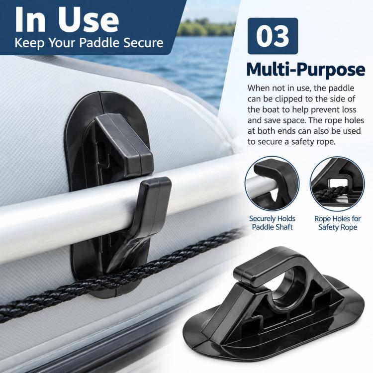 Paddle holder clip on white inflatable tube with safety tether rope through loops.