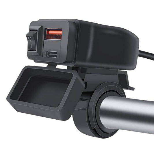 Black handlebar fast charging station with USB-C/PD ports and protective cover