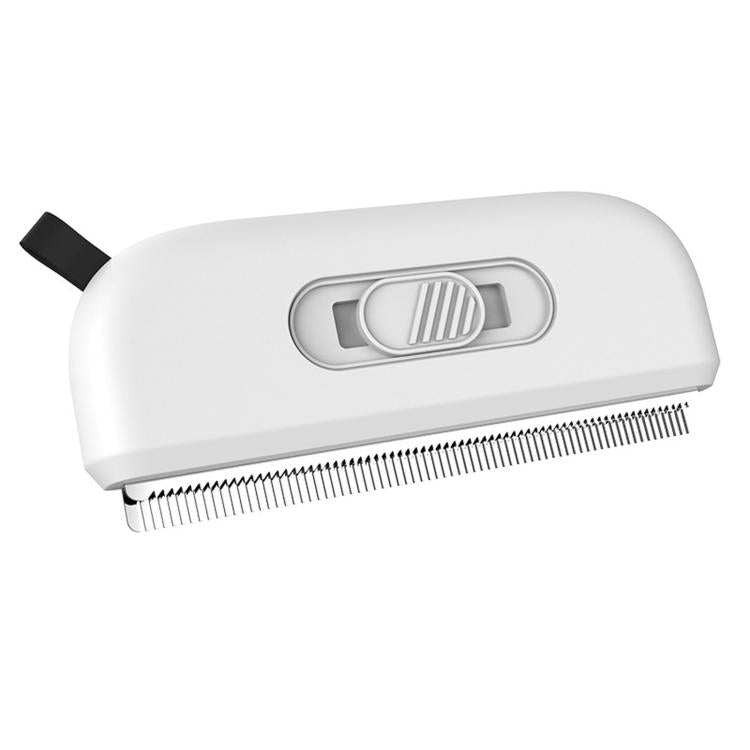 White pet de-shedding comb with retractable double-tooth rake, front view