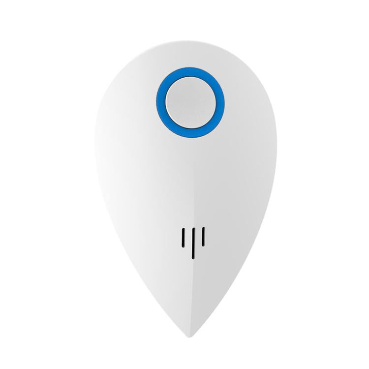 Plug-in ultrasonic repeller device, white teardrop body with blue ring indicator and sound-emitter slot