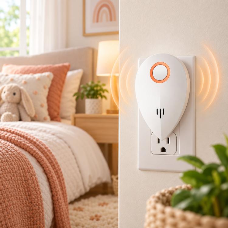 Plug-in ultrasonic mosquito and rodent repeller on wall outlet with orange indicator and sound waves