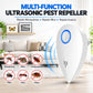 Plug-in ultrasonic pest repeller with blue ring indicator and wave motion graphic on front