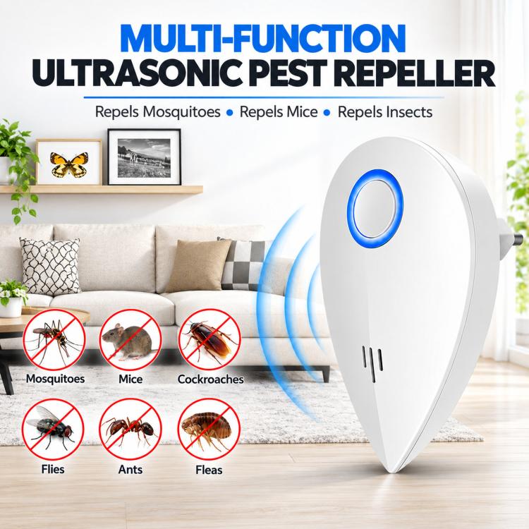 Plug-in ultrasonic pest repeller with blue ring indicator and wave motion graphic on front