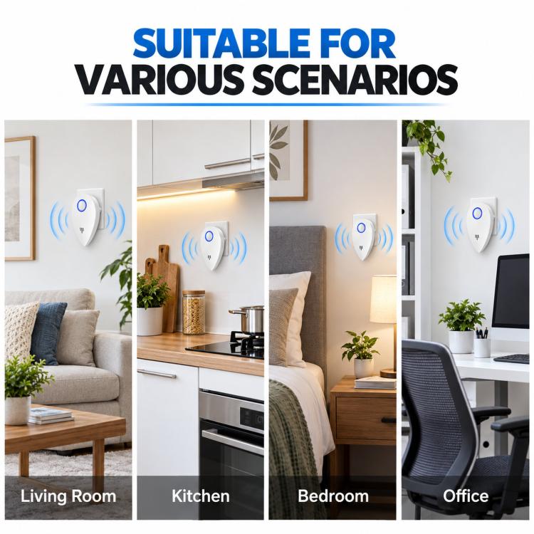 Multiple plug-in ultrasonic repellers on walls with blue wave signals in different rooms