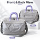 Light grey duffel bag shown front and back views with lavender handle