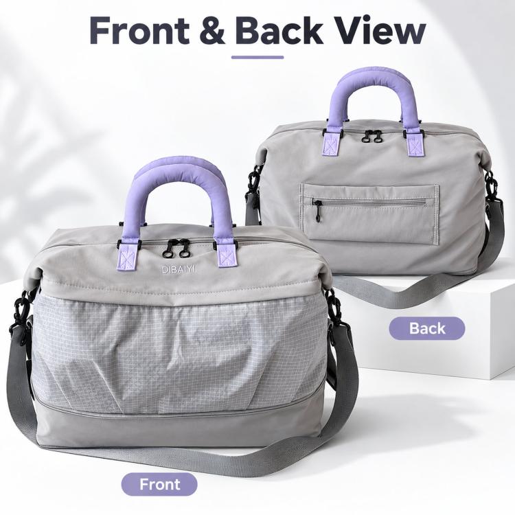 Light grey duffel bag shown front and back views with lavender handle