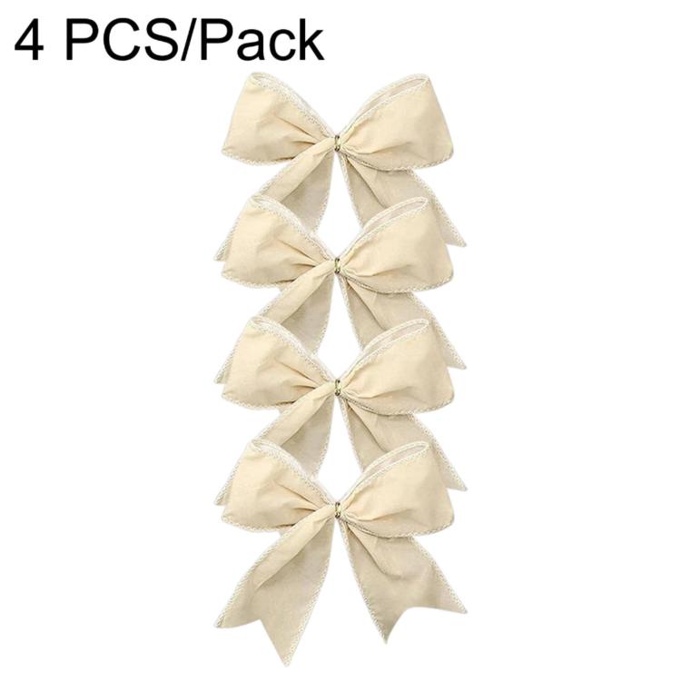 Cream fabric bow ornaments, 4-pack, stacked ribbon-style bows with loops