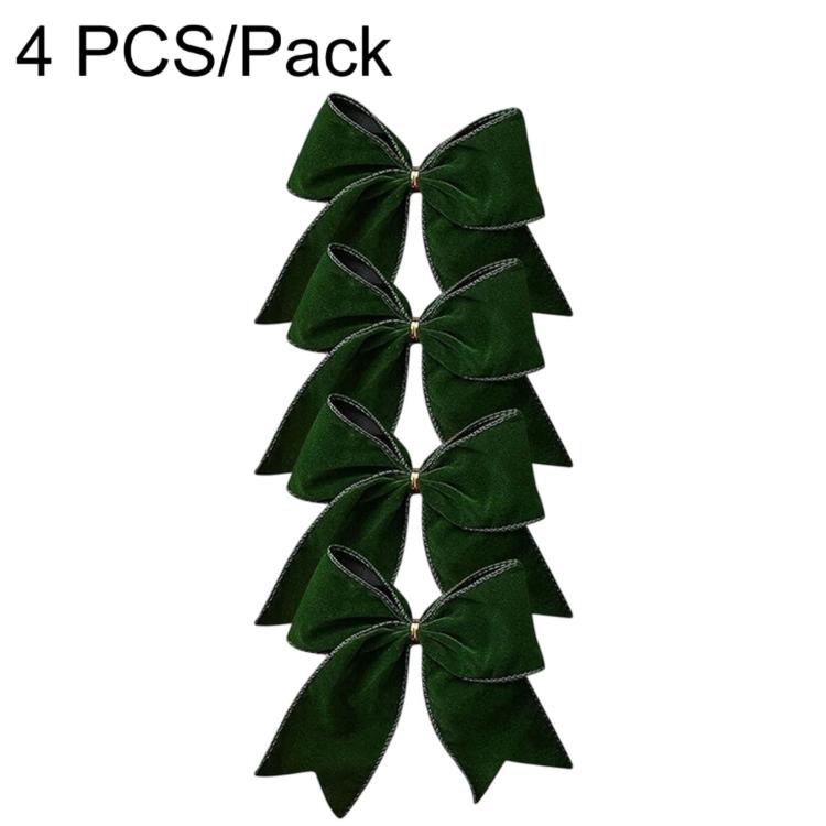 Green fabric bow ornaments, 4-pack, stacked ribbon-style bows with loops