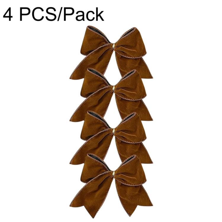 Brown fabric bow ornaments, 4-pack, stacked ribbon-style bows with loops