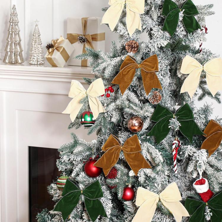 Fabric bow ornaments set in cream, brown, and green, multiple stacked bows