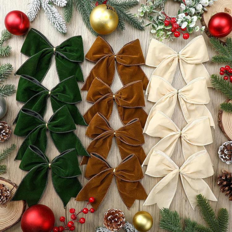 Fabric bow ornaments assortment in green, brown, and cream, four-pack display