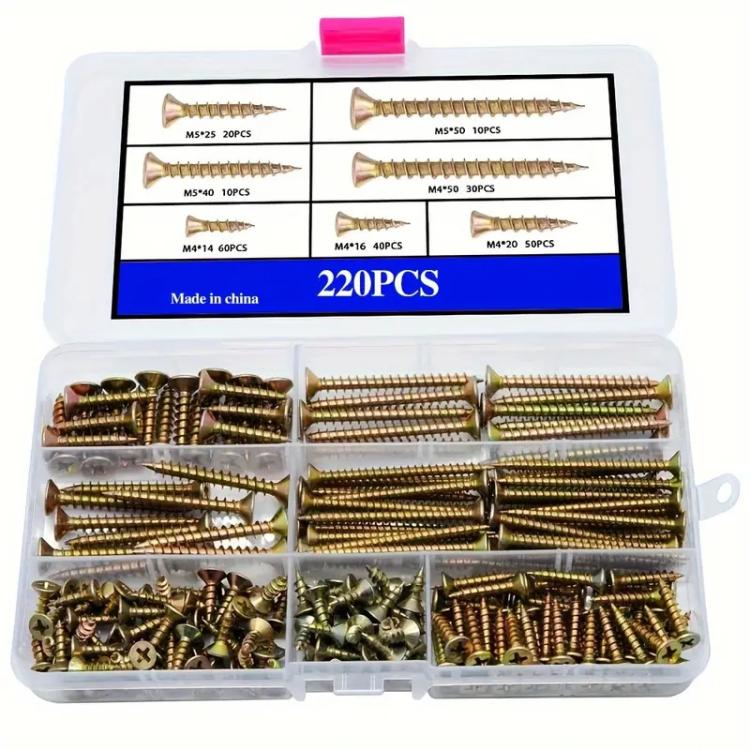 Chipboard screw assortment box with yellow zinc plated flat head wood screws, 220 pcs