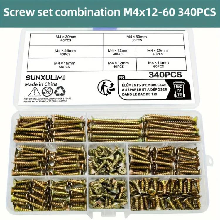 Chipboard screw assortment box with yellow zinc plated flat head wood screws, 340 pcs