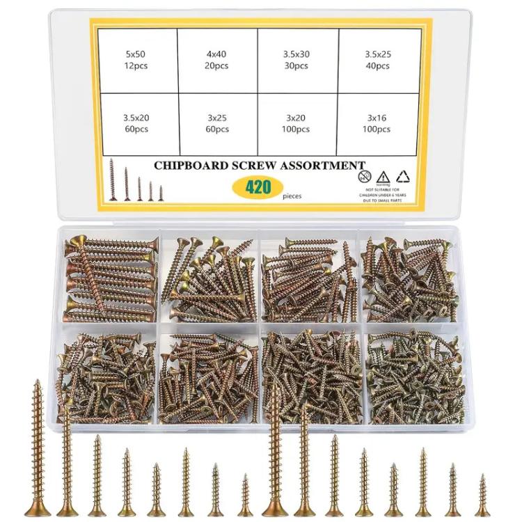 Chipboard screw assortment box with yellow zinc plated chipboard screws, 420 pcs