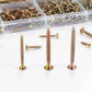 Yellow zinc plated flat head wood screws laid out, cross recessed drive heads visible