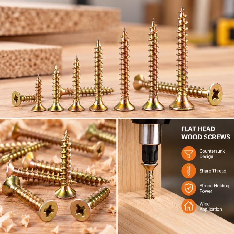 Yellow zinc plated flat head wood screws with wood application, cross recessed heads