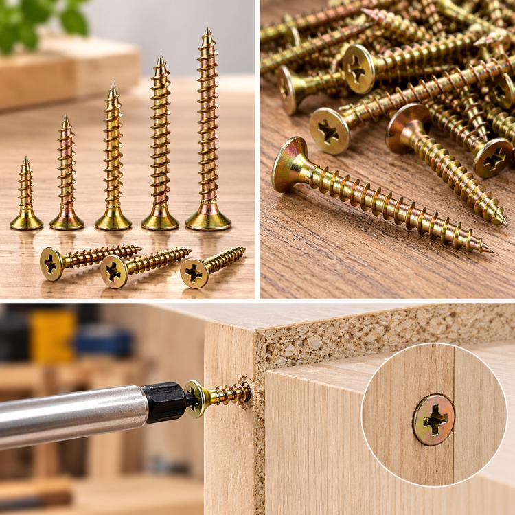 Yellow zinc plated chipboard screws on wood, drill driving a cross recessed screw