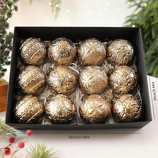 Vintage Christmas ball ornaments in gold and silver tones, 12-piece set in a box